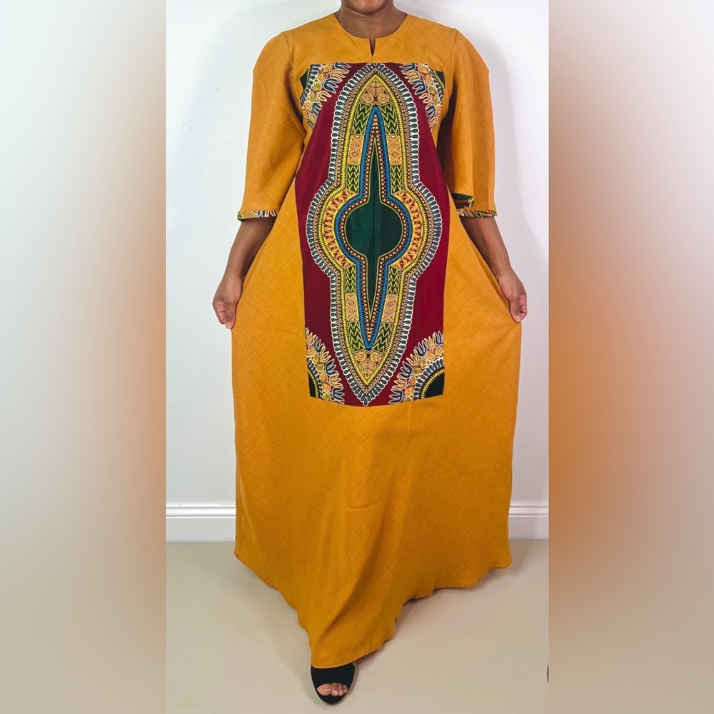 Handmade Burnt Orange Dashiki Detail Maxi Dress